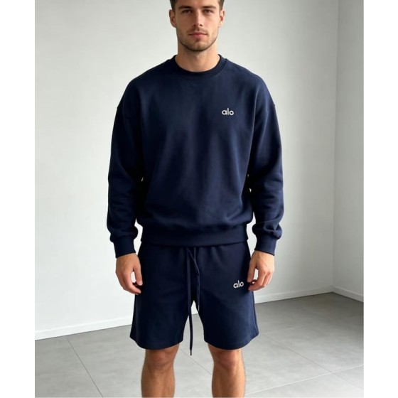 Men's ALO Crew Neck Shorts Suit (Navy Blue)